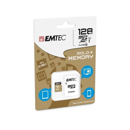 MicroSDXC 128Go EMTEC +adaptateur CL10 Gold+ UHS-I 85MB/s – Sous blister