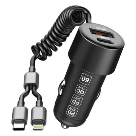 "XSSIVE 60 W PD+QC3.0 Fast Car Charger with USB-C vers 8 broches câble"