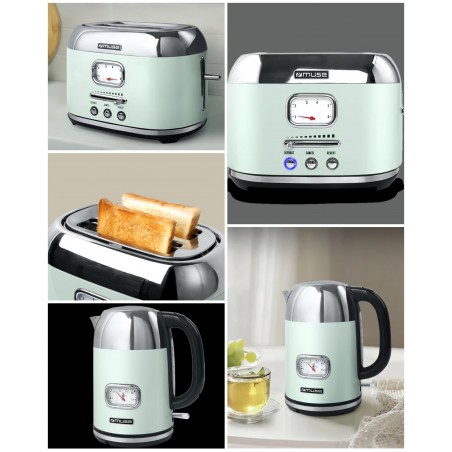 Bouilloire vert rétro vintage sans fil 2 200 w 1,7 l gris Inox + grille-pain vert 2 fentes Inox