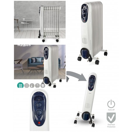 Radiateur à bain d'huile 2 000 W 9 colonnes, 3 réglages de chaleur, Thermostat réglable – blanc 3 réglages de chaleur