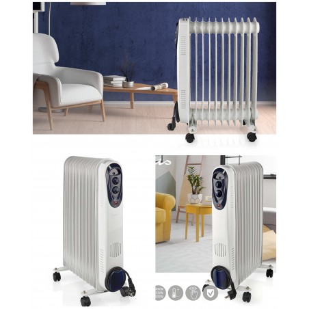 Radiateur à bain d'huile 2 500 W 11 colonnes, 3 réglages de chaleur, Thermostat réglable – blanc 3 réglages de chaleur