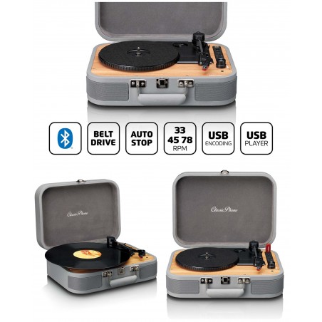 Platine Vinyle grise et bois vintage USB SD Bluetooth 33 45 78 Tours Stéréo RCA Bluetooth lecteur/enregistreur USB