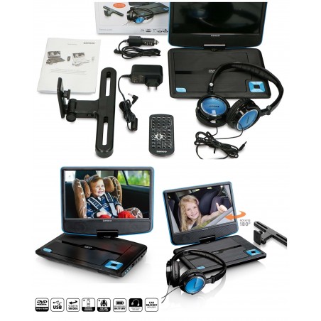 Lecteur DVD portable LENCO Ecran 9 POUCES DVD-R/RW, DVD+R, CD + casque + télécommande + SUPPORT