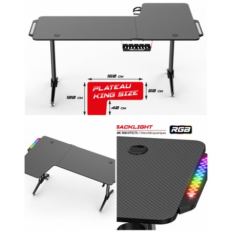 Bureau gaming LED 140 × 60 × 75 Grand Bureau gamer avec Plateau en Métal noir + LED RGB + Porte-gobelet +Support de casque