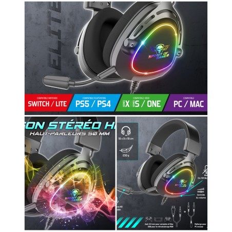 Casque PC gamer Pro-H40 gaming PS5 PS4-MAC Switch Xbox One-Series X/S noire Spirit of gamer souris sans fil RGB