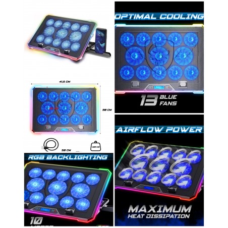Refroidisseur PC portable Spirit of gamer AIRBLADE 13 VENTILATEURS pour PC portable Notebook 19" ports 2 USB LED RGB
